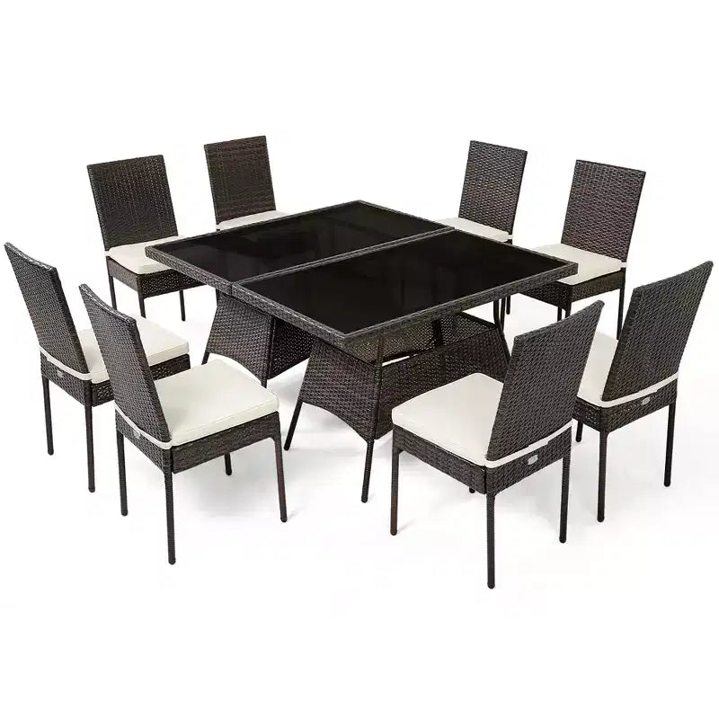 Costway 10 PCS Patio Rattan Dining Set Glass Table High Back Chair Garden Deck Mix Brown