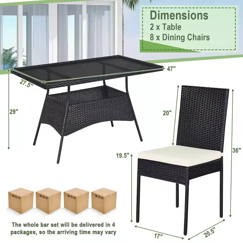 Costway 10PCS Patio Rattan Dining Set Cushioned Chair Table with Glass Top Garden Furniture