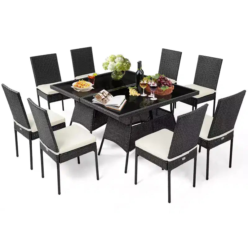 Costway 10PCS Patio Rattan Dining Set Cushioned Chair Table with Glass Top Garden Furniture