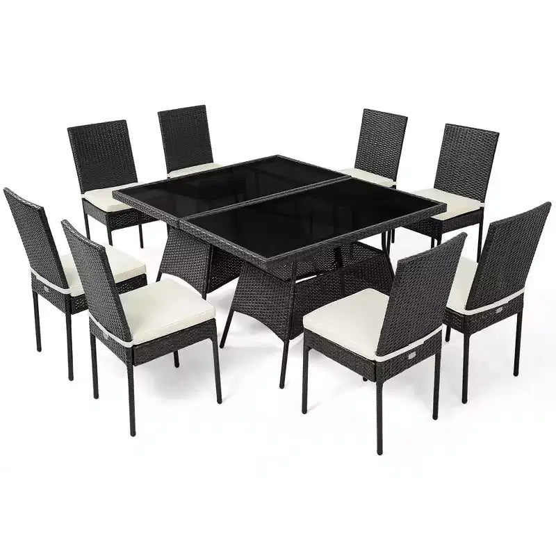 Costway 10PCS Patio Rattan Dining Set Cushioned Chair Table with Glass Top Garden Furniture