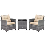 Costway 3PCS Patio Rattan Furniture Bistro Set Cushioned Sofas Side Table Armrest Red/Grey/Navy/Turquoise/Black
