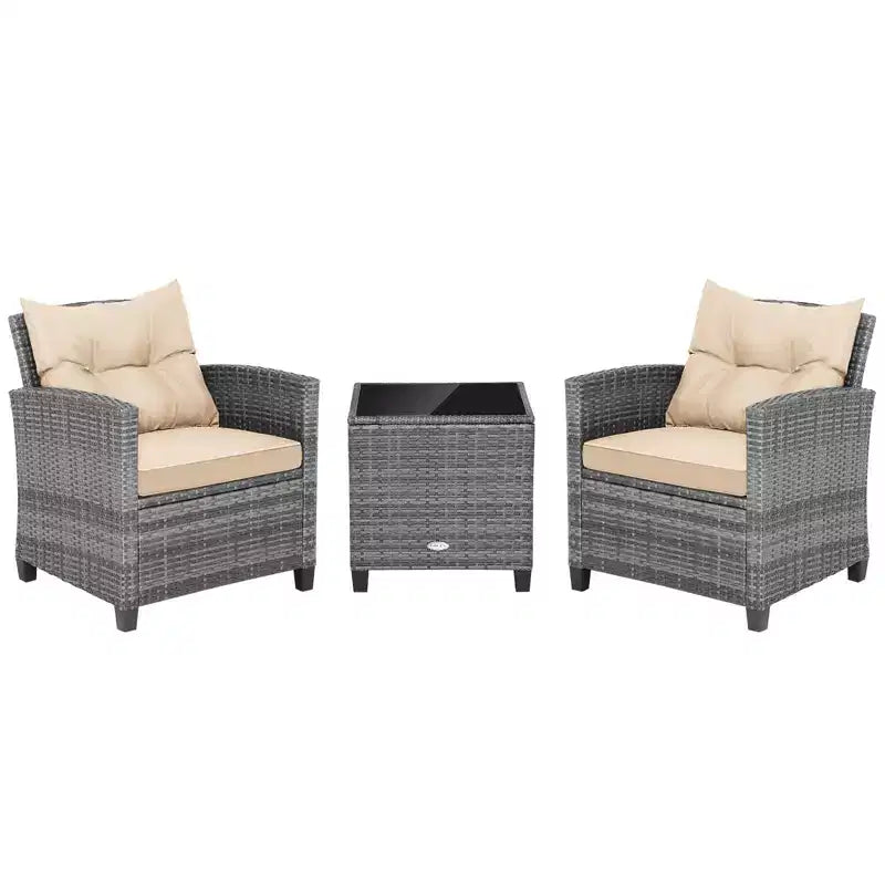 Costway 3PCS Patio Rattan Furniture Bistro Set Cushioned Sofas Side Table Armrest Red/Grey/Navy/Turquoise/Black