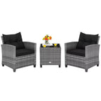 Costway 3PCS Patio Rattan Furniture Bistro Set Cushioned Sofas Side Table Armrest Red/Grey/Navy/Turquoise/Black
