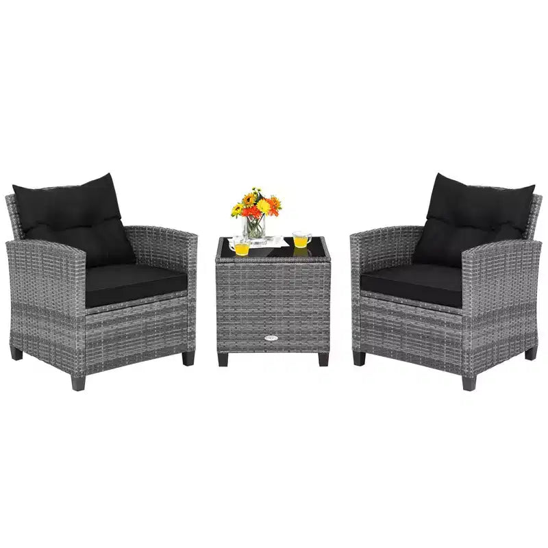 Costway 3PCS Patio Rattan Furniture Bistro Set Cushioned Sofas Side Table Armrest Red/Grey/Navy/Turquoise/Black