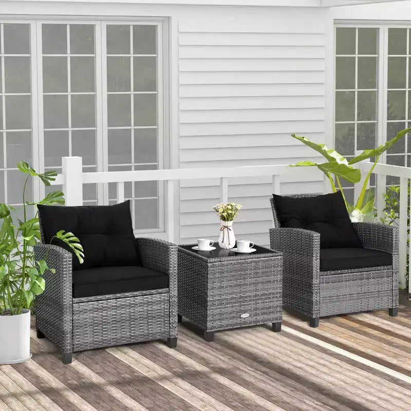 Costway 3PCS Patio Rattan Furniture Bistro Set Cushioned Sofas Side Table Armrest Red/Grey/Navy/Turquoise/Black