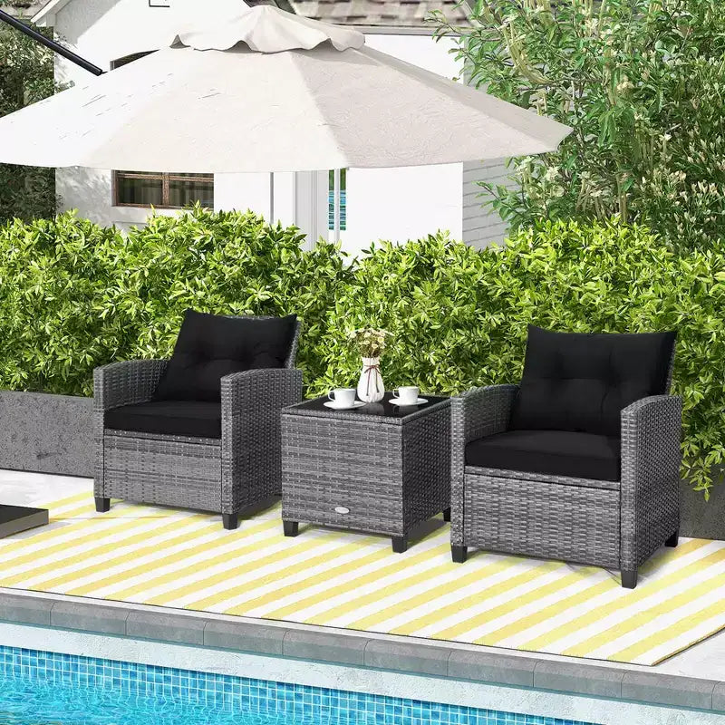 Costway 3PCS Patio Rattan Furniture Bistro Set Cushioned Sofas Side Table Armrest Red/Grey/Navy/Turquoise/Black