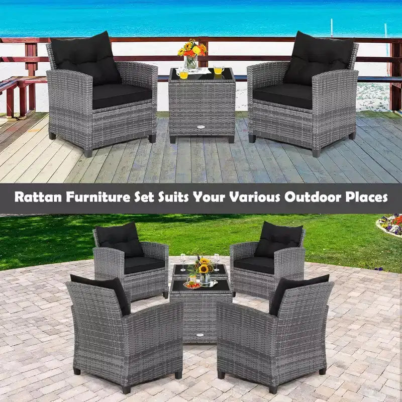 Costway 3PCS Patio Rattan Furniture Bistro Set Cushioned Sofas Side Table Armrest Red/Grey/Navy/Turquoise/Black