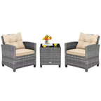 Costway 3PCS Patio Rattan Furniture Bistro Set Cushioned Sofas Side Table Armrest Red/Grey/Navy/Turquoise/Black