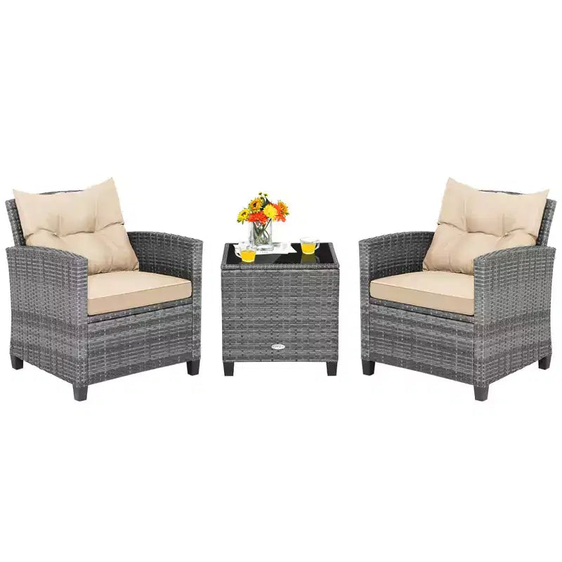 Costway 3PCS Patio Rattan Furniture Bistro Set Cushioned Sofas Side Table Armrest Red/Grey/Navy/Turquoise/Black