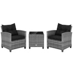 Costway 3PCS Patio Rattan Furniture Bistro Set Cushioned Sofas Side Table Armrest Red/Grey/Navy/Turquoise/Black