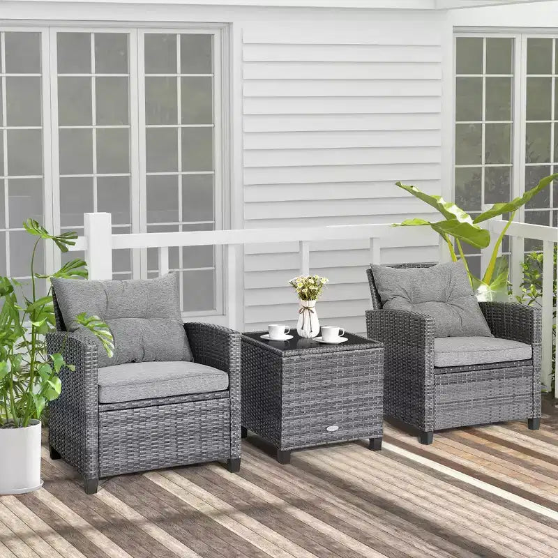 Costway 3PCS Patio Rattan Furniture Bistro Set Cushioned Sofas Side Table Armrest Red/Grey/Navy/Turquoise/Black