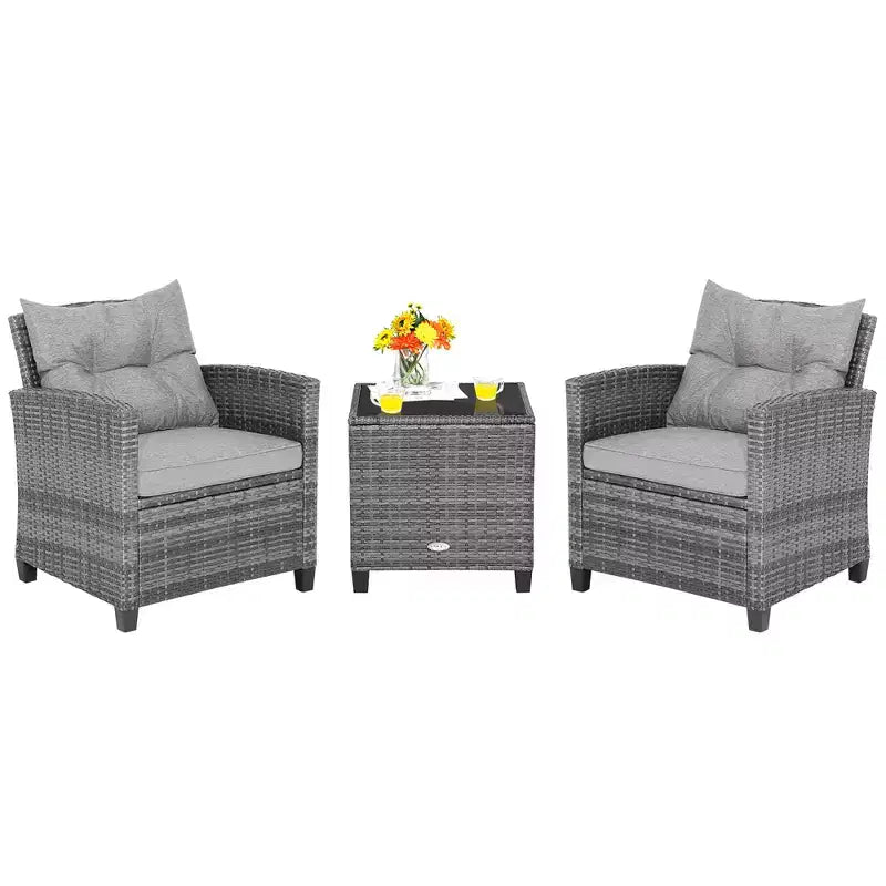 Costway 3PCS Patio Rattan Furniture Bistro Set Cushioned Sofas Side Table Armrest Red/Grey/Navy/Turquoise/Black