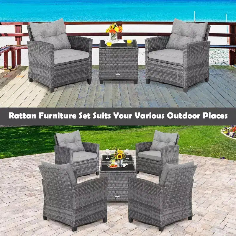 Costway 3PCS Patio Rattan Furniture Bistro Set Cushioned Sofas Side Table Armrest Red/Grey/Navy/Turquoise/Black