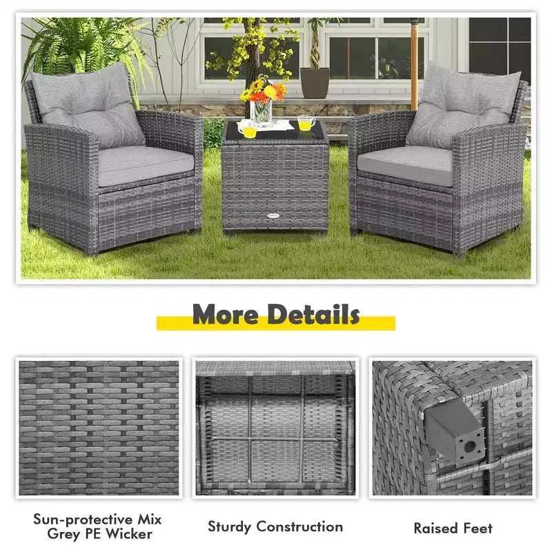 Costway 3PCS Patio Rattan Furniture Bistro Set Cushioned Sofas Side Table Armrest Red/Grey/Navy/Turquoise/Black