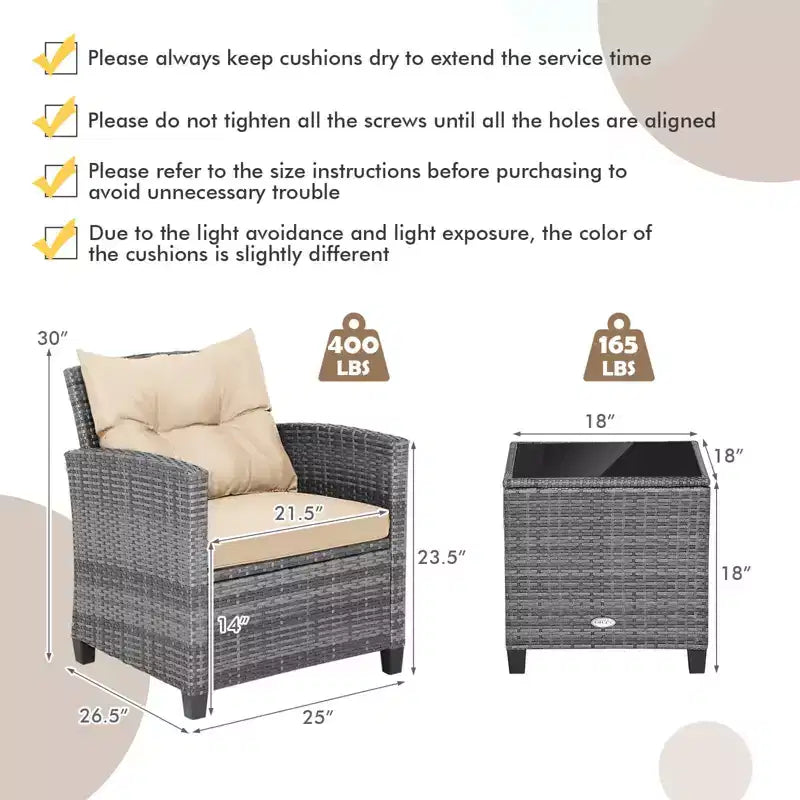 Costway 3PCS Patio Rattan Furniture Bistro Set Cushioned Sofas Side Table Armrest Red/Grey/Navy/Turquoise/Black