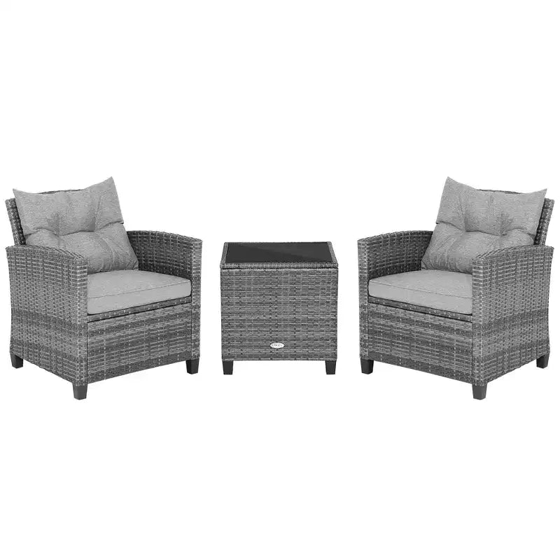 Costway 3PCS Patio Rattan Furniture Bistro Set Cushioned Sofas Side Table Armrest Red/Grey/Navy/Turquoise/Black