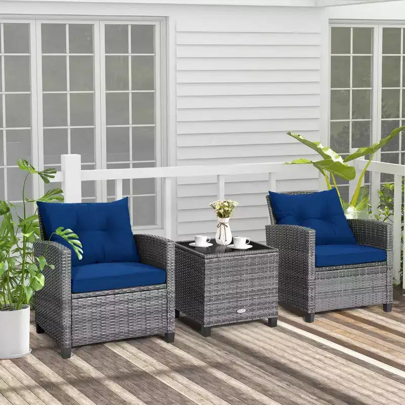 Costway 3PCS Patio Rattan Furniture Bistro Set Cushioned Sofas Side Table Armrest Red/Grey/Navy/Turquoise/Black