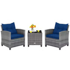 Costway 3PCS Patio Rattan Furniture Bistro Set Cushioned Sofas Side Table Armrest Red/Grey/Navy/Turquoise/Black