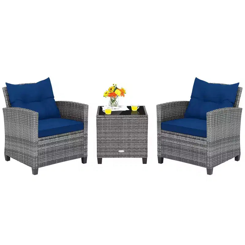 Costway 3PCS Patio Rattan Furniture Bistro Set Cushioned Sofas Side Table Armrest Red/Grey/Navy/Turquoise/Black