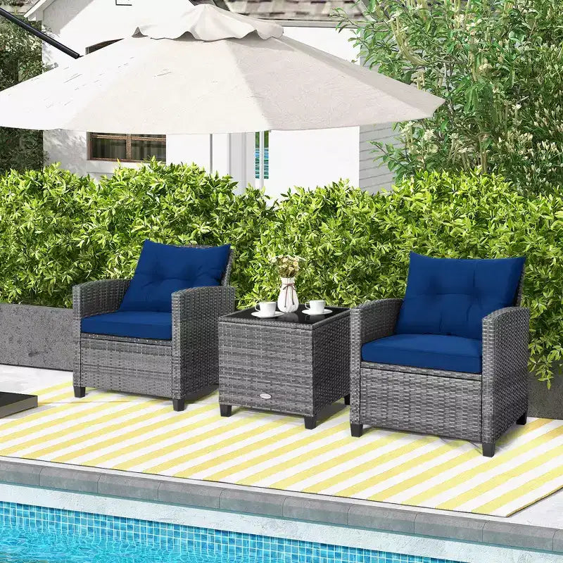 Costway 3PCS Patio Rattan Furniture Bistro Set Cushioned Sofas Side Table Armrest Red/Grey/Navy/Turquoise/Black