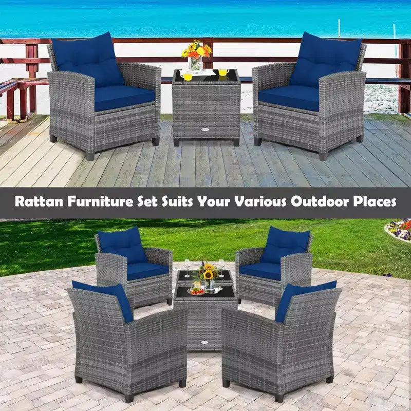 Costway 3PCS Patio Rattan Furniture Bistro Set Cushioned Sofas Side Table Armrest Red/Grey/Navy/Turquoise/Black