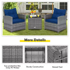 Costway 3PCS Patio Rattan Furniture Bistro Set Cushioned Sofas Side Table Armrest Red/Grey/Navy/Turquoise/Black