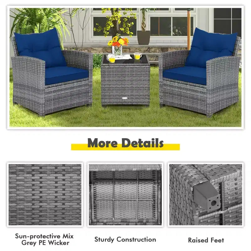 Costway 3PCS Patio Rattan Furniture Bistro Set Cushioned Sofas Side Table Armrest Red/Grey/Navy/Turquoise/Black