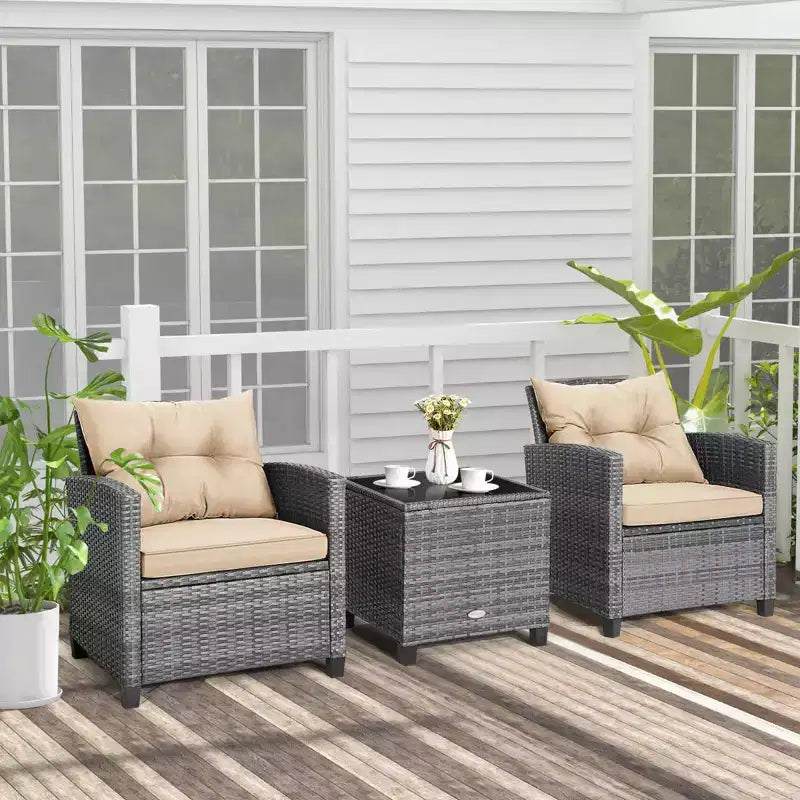 Costway 3PCS Patio Rattan Furniture Bistro Set Cushioned Sofas Side Table Armrest Red/Grey/Navy/Turquoise/Black