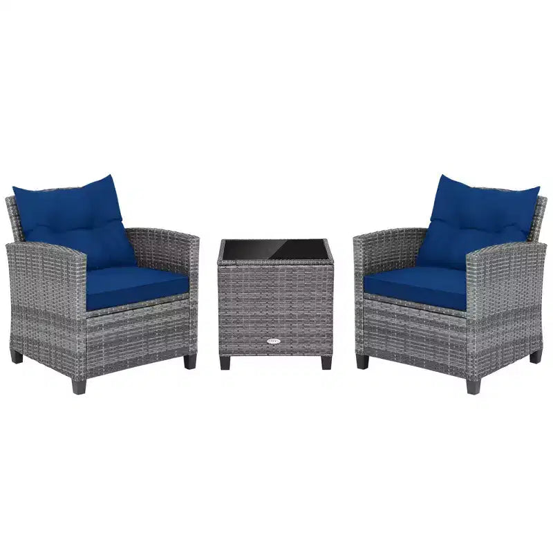 Costway 3PCS Patio Rattan Furniture Bistro Set Cushioned Sofas Side Table Armrest Red/Grey/Navy/Turquoise/Black