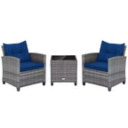 Costway 3PCS Patio Rattan Furniture Bistro Set Cushioned Sofas Side Table Armrest Red/Grey/Navy/Turquoise/Black