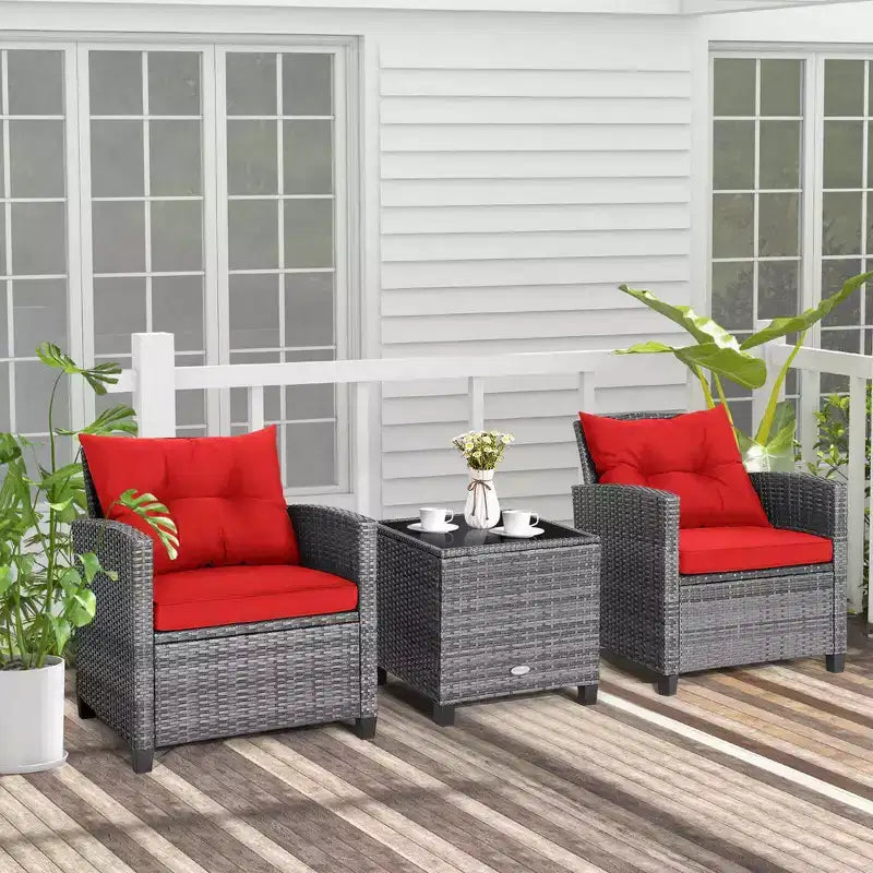 Costway 3PCS Patio Rattan Furniture Bistro Set Cushioned Sofas Side Table Armrest Red/Grey/Navy/Turquoise/Black