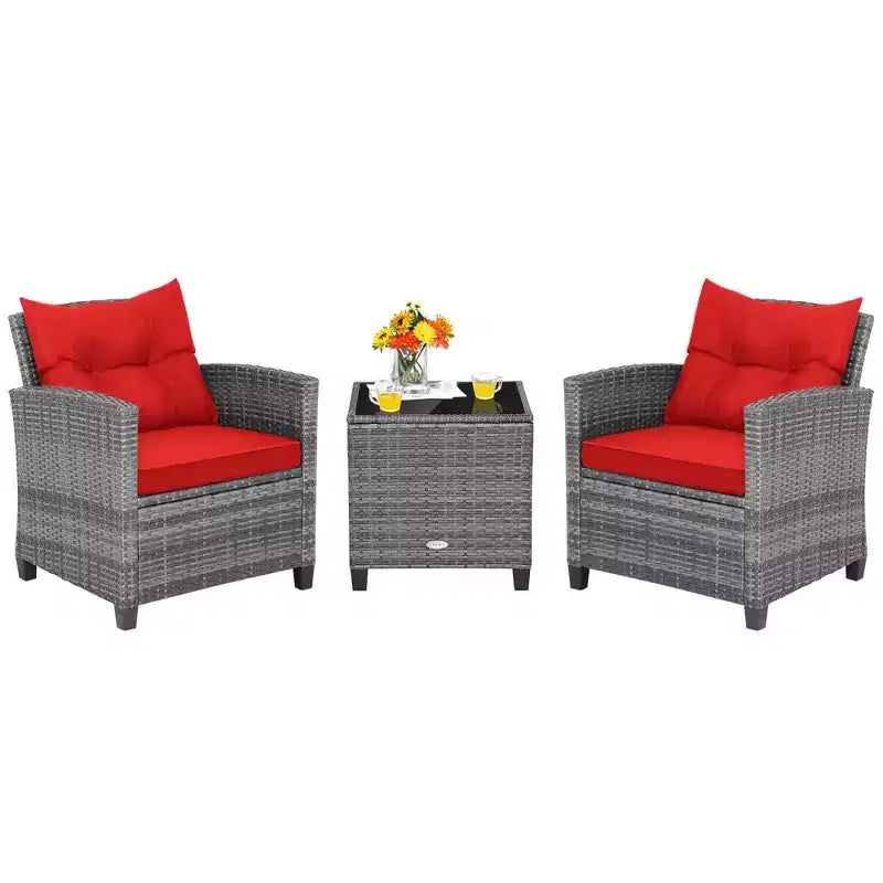 Costway 3PCS Patio Rattan Furniture Bistro Set Cushioned Sofas Side Table Armrest Red/Grey/Navy/Turquoise/Black