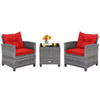 Costway 3PCS Patio Rattan Furniture Bistro Set Cushioned Sofas Side Table Armrest Red/Grey/Navy/Turquoise/Black