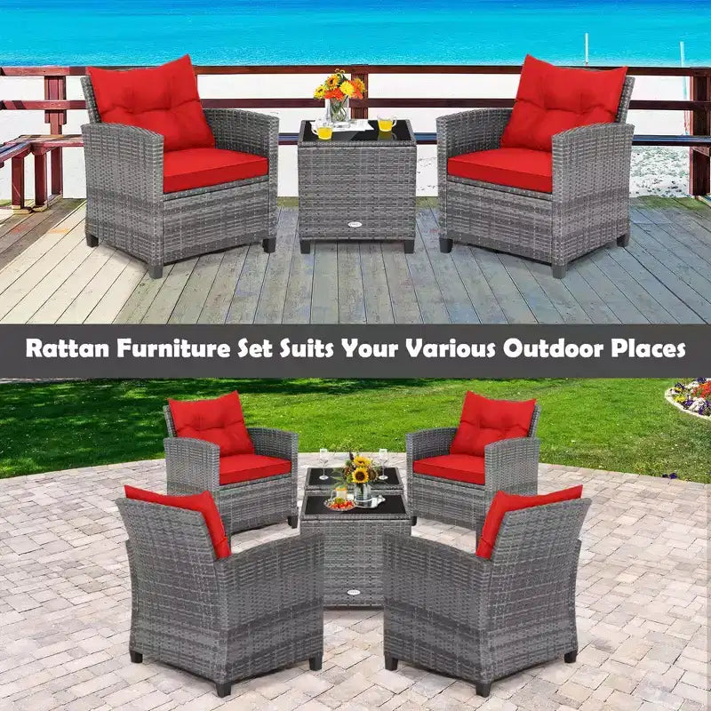 Costway 3PCS Patio Rattan Furniture Bistro Set Cushioned Sofas Side Table Armrest Red/Grey/Navy/Turquoise/Black
