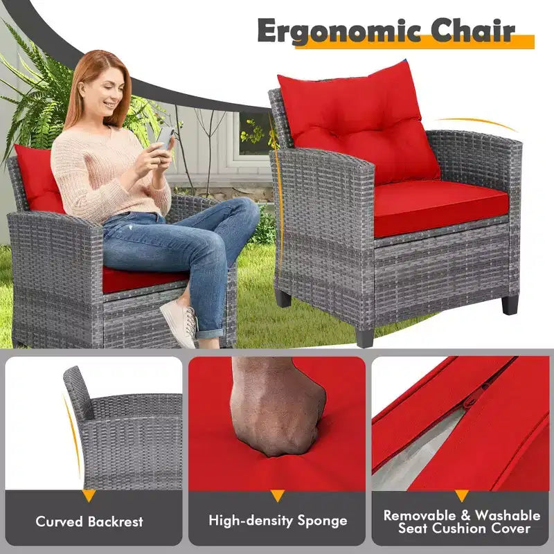 Costway 3PCS Patio Rattan Furniture Bistro Set Cushioned Sofas Side Table Armrest Red/Grey/Navy/Turquoise/Black
