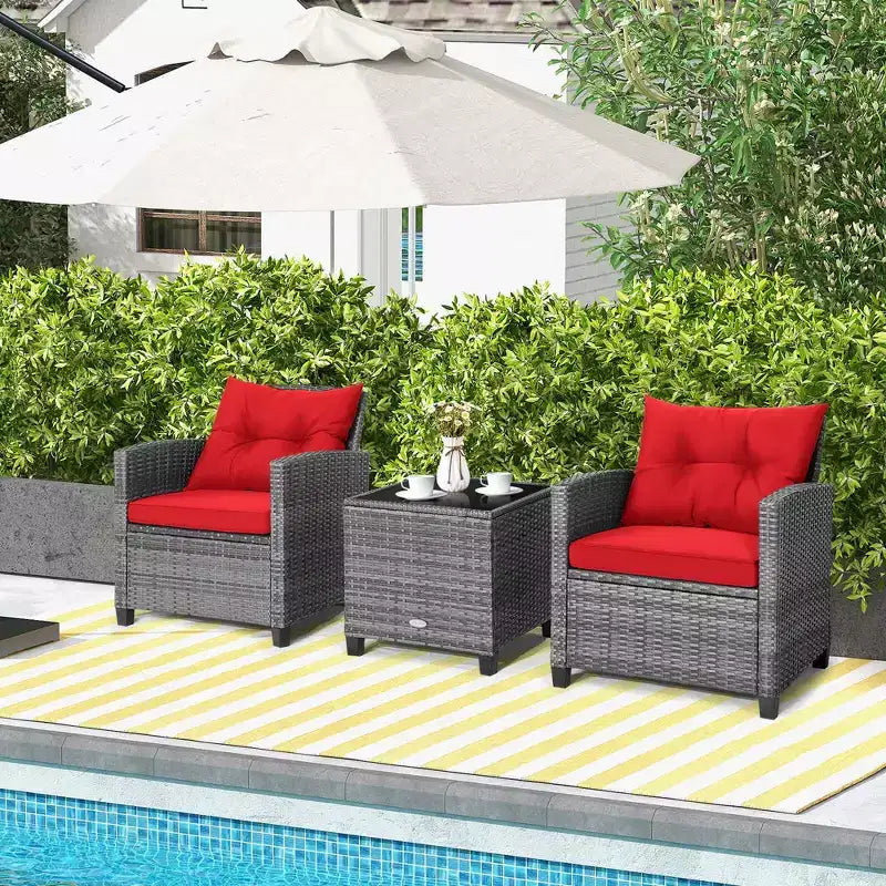 Costway 3PCS Patio Rattan Furniture Bistro Set Cushioned Sofas Side Table Armrest Red/Grey/Navy/Turquoise/Black