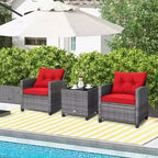 Costway 3PCS Patio Rattan Furniture Bistro Set Cushioned Sofas Side Table Armrest Red/Grey/Navy/Turquoise/Black