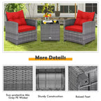 Costway 3PCS Patio Rattan Furniture Bistro Set Cushioned Sofas Side Table Armrest Red/Grey/Navy/Turquoise/Black
