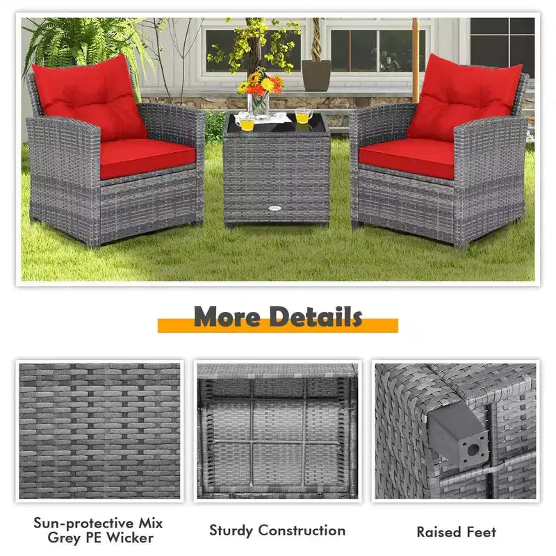 Costway 3PCS Patio Rattan Furniture Bistro Set Cushioned Sofas Side Table Armrest Red/Grey/Navy/Turquoise/Black