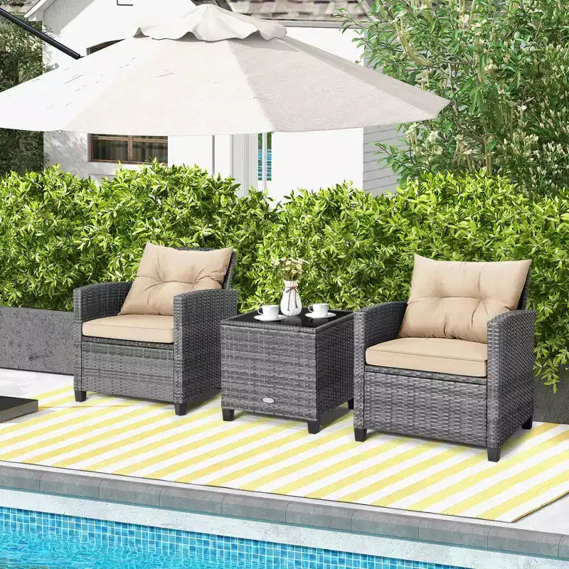 Costway 3PCS Patio Rattan Furniture Bistro Set Cushioned Sofas Side Table Armrest Red/Grey/Navy/Turquoise/Black