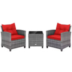 Costway 3PCS Patio Rattan Furniture Bistro Set Cushioned Sofas Side Table Armrest Red/Grey/Navy/Turquoise/Black