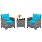Costway 3PCS Patio Rattan Furniture Bistro Set Cushioned Sofas Side Table Armrest Red/Grey/Navy/Turquoise/Black