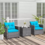 Costway 3PCS Patio Rattan Furniture Bistro Set Cushioned Sofas Side Table Armrest Red/Grey/Navy/Turquoise/Black