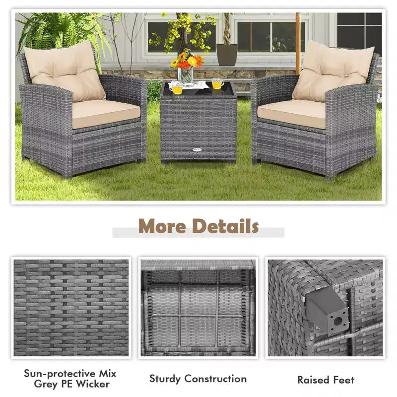 Costway 3PCS Patio Rattan Furniture Bistro Set Cushioned Sofas Side Table Armrest Red/Grey/Navy/Turquoise/Black