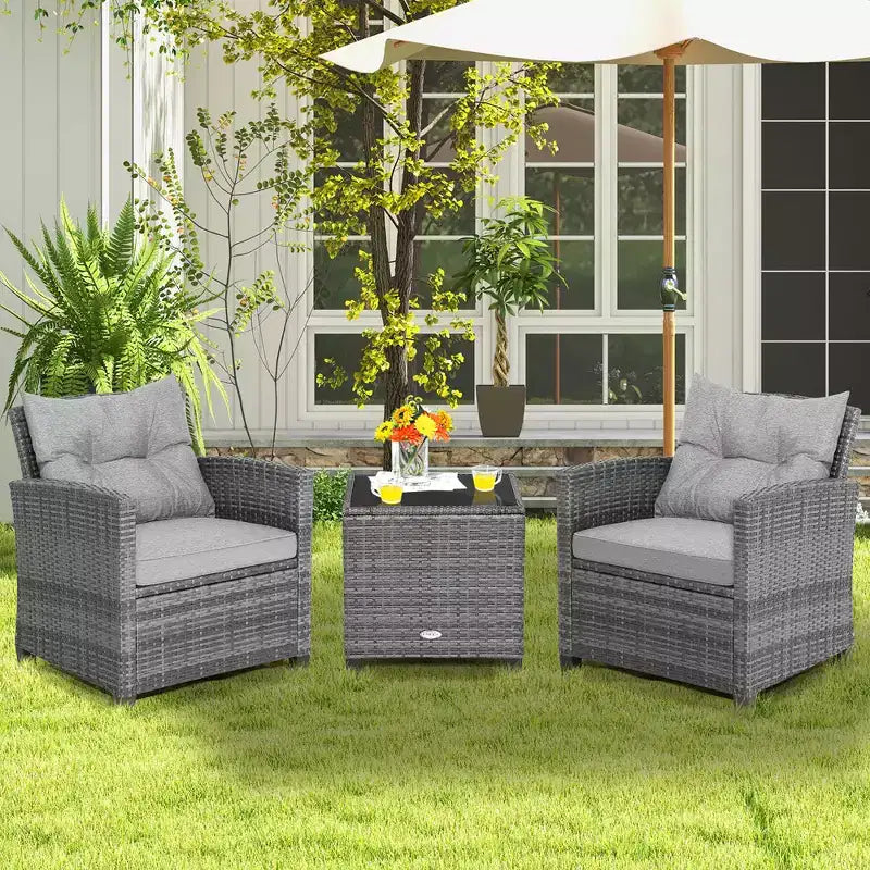 Costway 3PCS Patio Rattan Furniture Bistro Set Cushioned Sofas Side Table Armrest Red/Grey/Navy/Turquoise/Black