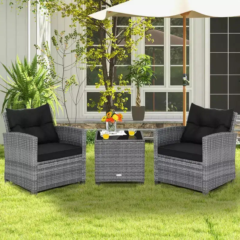 Costway 3PCS Patio Rattan Furniture Bistro Set Cushioned Sofas Side Table Armrest Red/Grey/Navy/Turquoise/Black