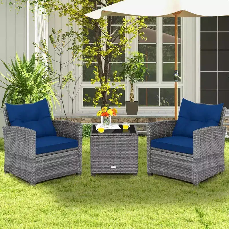 Costway 3PCS Patio Rattan Furniture Bistro Set Cushioned Sofas Side Table Armrest Red/Grey/Navy/Turquoise/Black