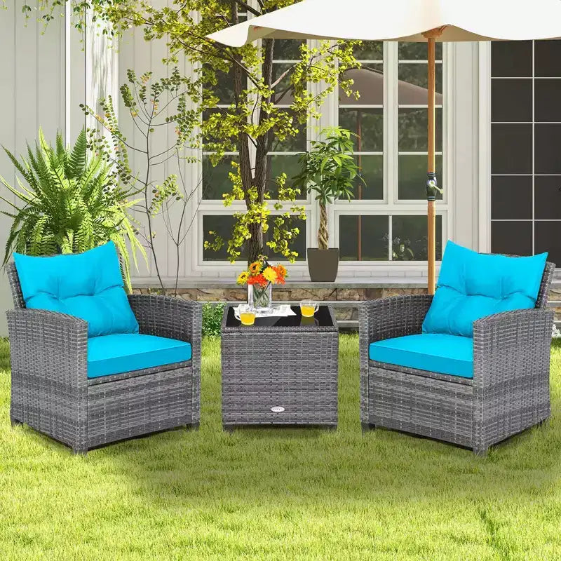 Costway 3PCS Patio Rattan Furniture Bistro Set Cushioned Sofas Side Table Armrest Red/Grey/Navy/Turquoise/Black