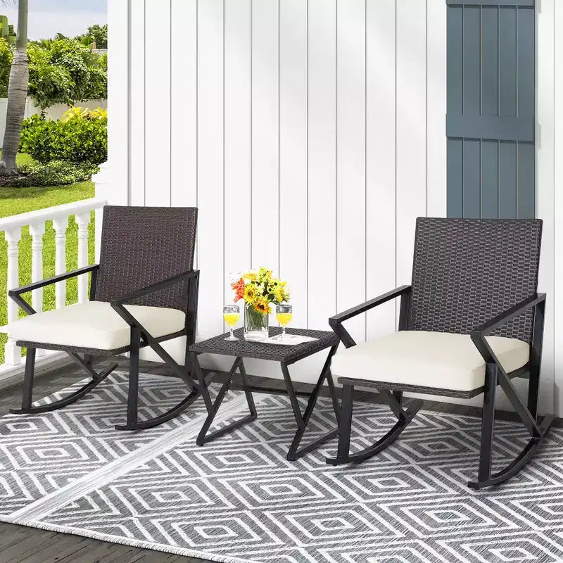 Costway 3PCS Patio Rattan Wicker Rocking Chairs Table Bistro Set Cushioned Rocker Garden