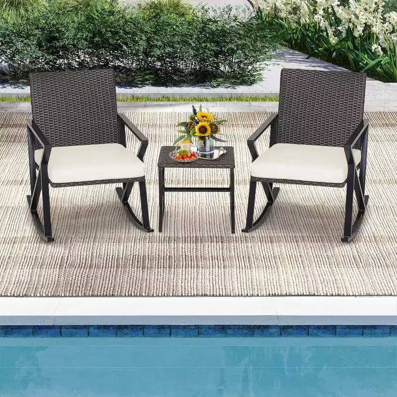 Costway 3PCS Patio Rattan Wicker Rocking Chairs Table Bistro Set Cushioned Rocker Garden